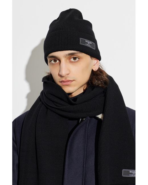 Balmain Black Wool Beanie With Logo Patch for men