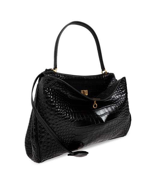 Balenciaga Black Crocodile-Embossed Leather Shoulder Bag