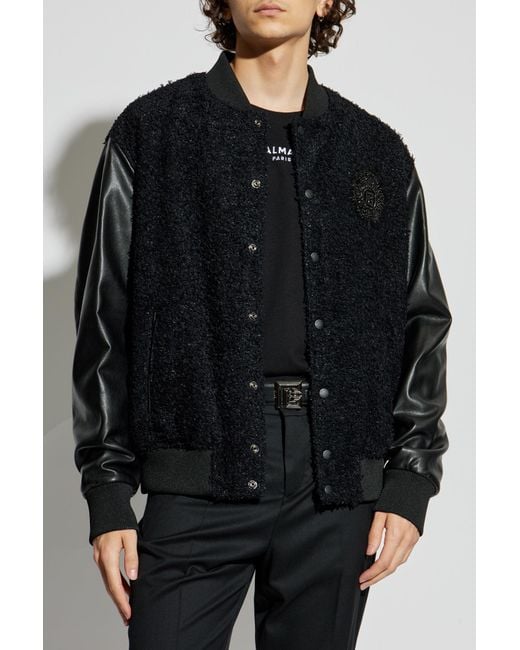 Balmain Black Bomber Jacket With Appliqué for men