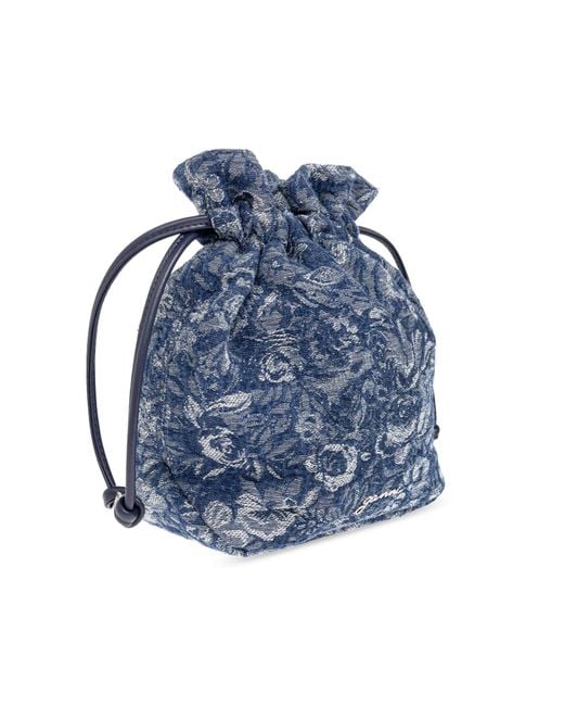 Ganni Blue Denim Waist Bag With Floral Motif