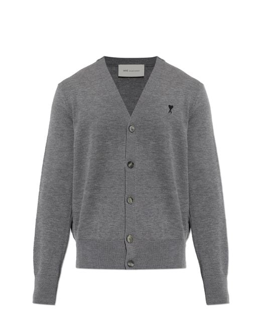 AMI Gray Wool Cardigan With Embroidered Logo for men