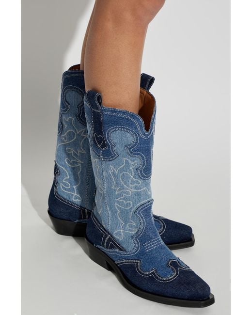 Ganni Blue Denim Heeled Ankle Boots