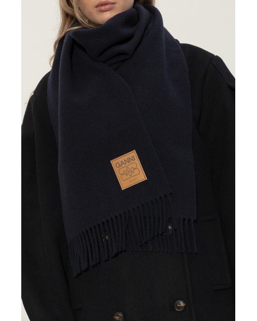 Ganni Black Wool Scarf With Logo