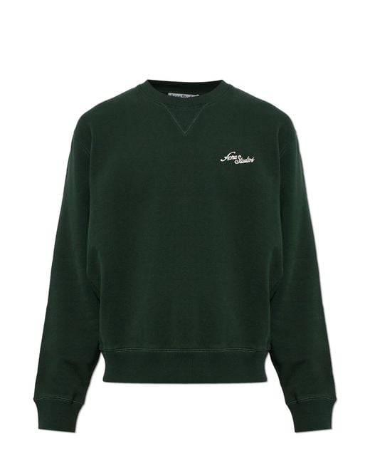 Acne Green Cotton Sweatshirt With Embroidered Logo for men