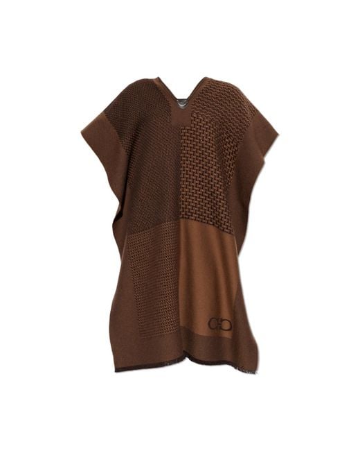 Ferragamo Brown Wool Poncho With Logo