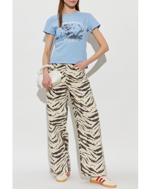 Ganni White Jeans With Animal Print