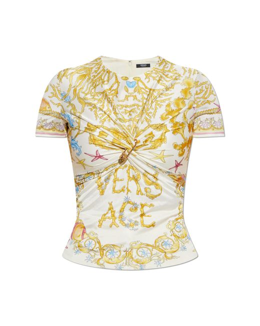 Versace Yellow Top With Decorative Draping And A Safety Pin