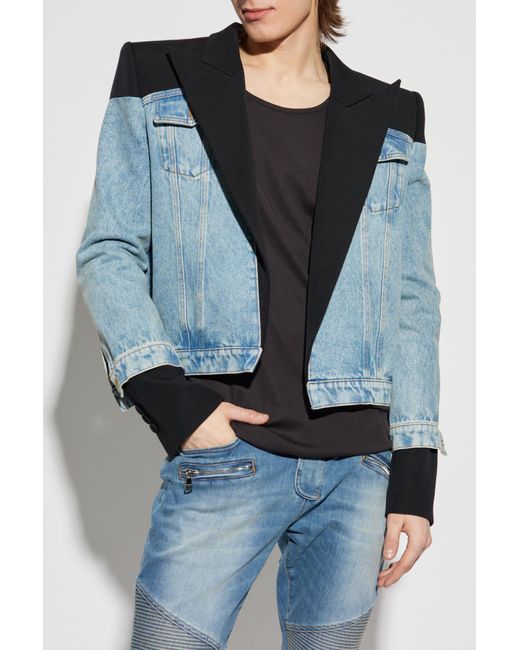 Balmain Black Denim Jacket With Wool Inserts for men