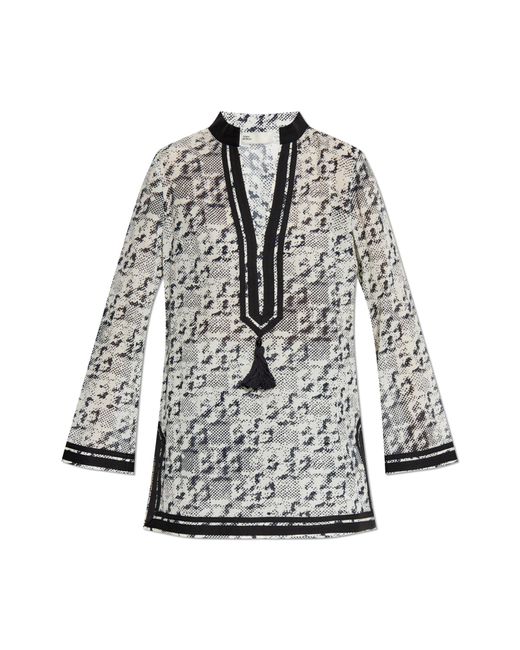 Tory Burch Gray Silk And Cotton Tunic With Pixelated Logo Print