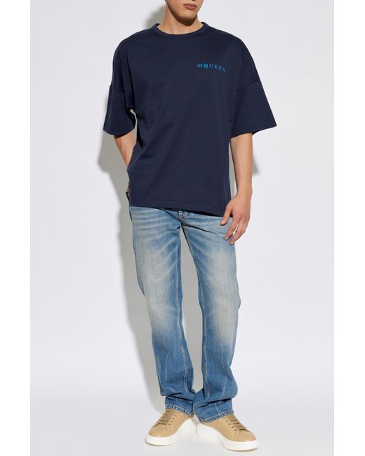 McQueen Blue T-Shirt With Printed Logo for men