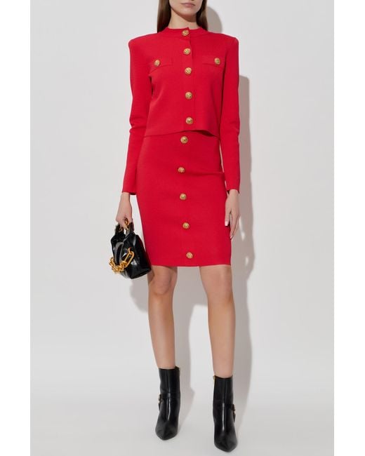 Balmain Red Pencil Skirt With Decorative Buttons