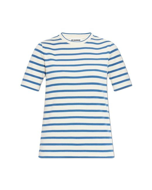 Jil Sander Blue Cotton T-Shirt With Striped Pattern