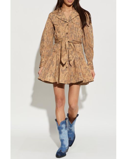 Ganni Natural Dress With A Waist Belt
