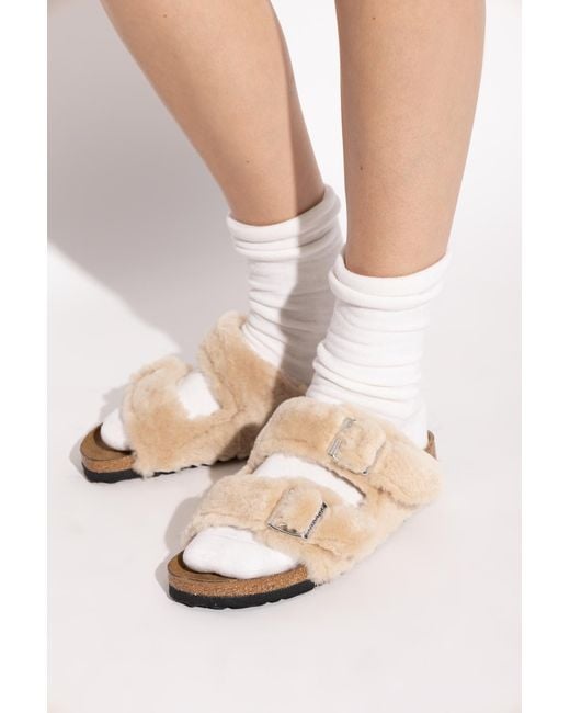 Birkenstock White Arizona Shearling Rivet Logo Slides
