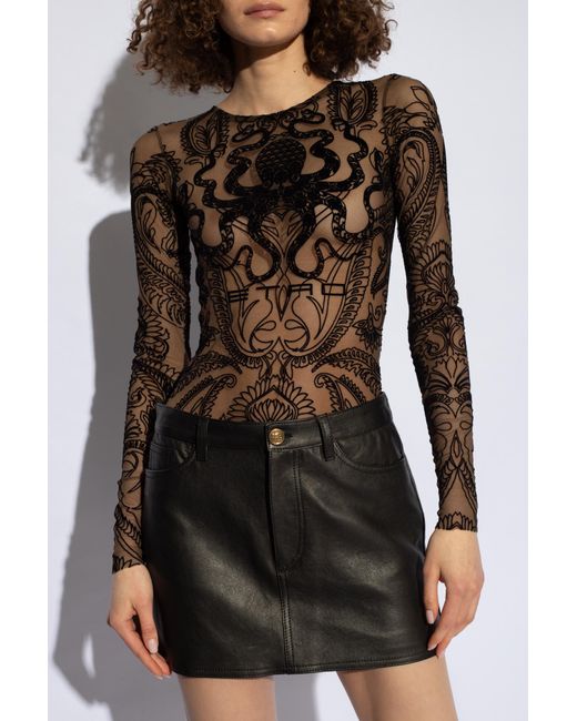 Etro Black Tulle Top With Flocked Pattern,