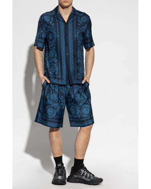 Versace Blue Silk Shorts With Print for men