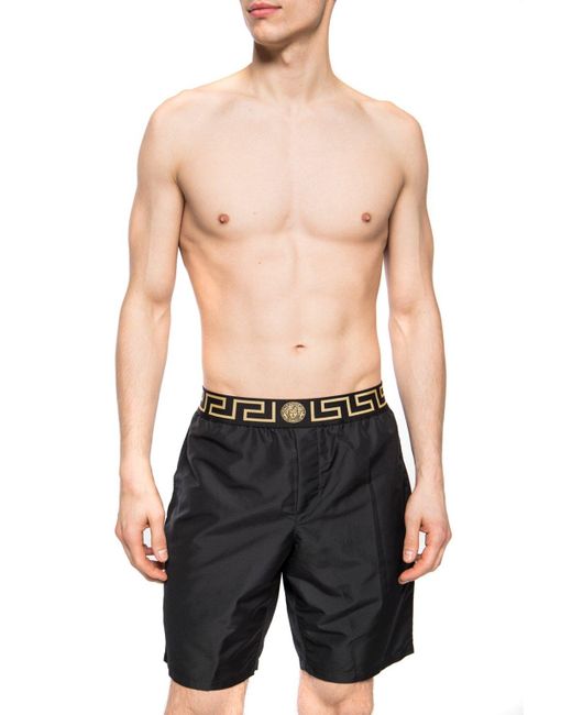 Versace Logo Jacquard Mid Rise Swim Shorts in Black for Men - Save 9% ...