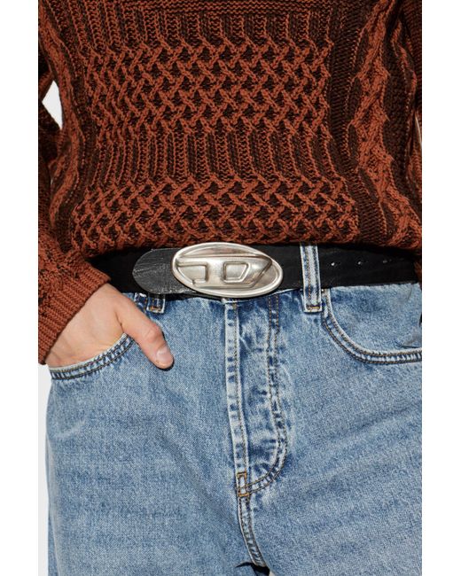 DIESEL Black Leather Belt "Oval D Logo" for men