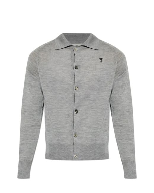 AMI Gray Wool Cardigan With Embroidered Logo for men