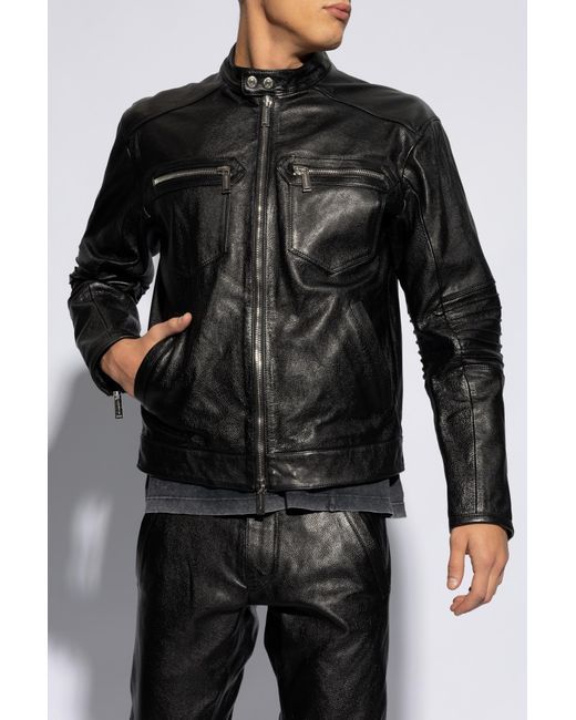 DSquared² Black Leather Jacket With Stand Collar, for men