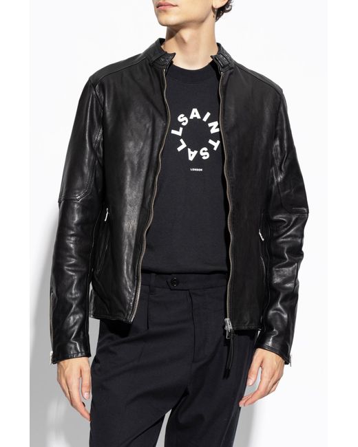 AllSaints Black Sleek Leather Biker Jacket for men