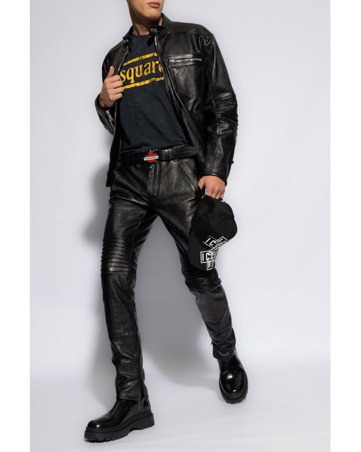 DSquared² Black Leather Jacket With Stand Collar, for men