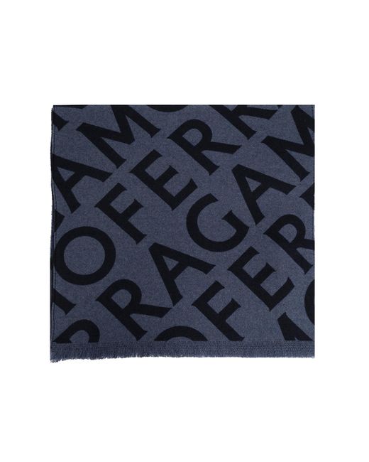 Ferragamo Blue Wool Scarf With Monogram for men
