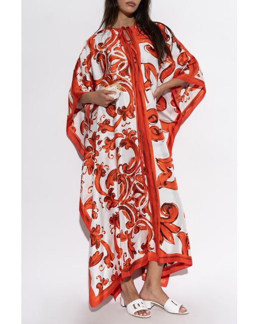 Dolce & Gabbana Red Silk Kaftan With "Majolica" Print
