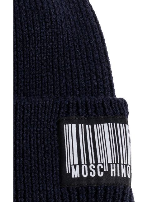 Moschino Blue Wool Beanie With Logo Patch