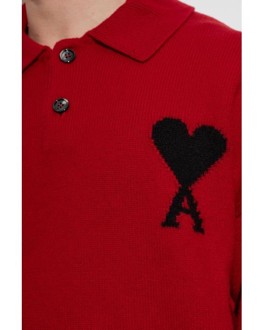 AMI Red Wool Long-Sleeve Polo for men