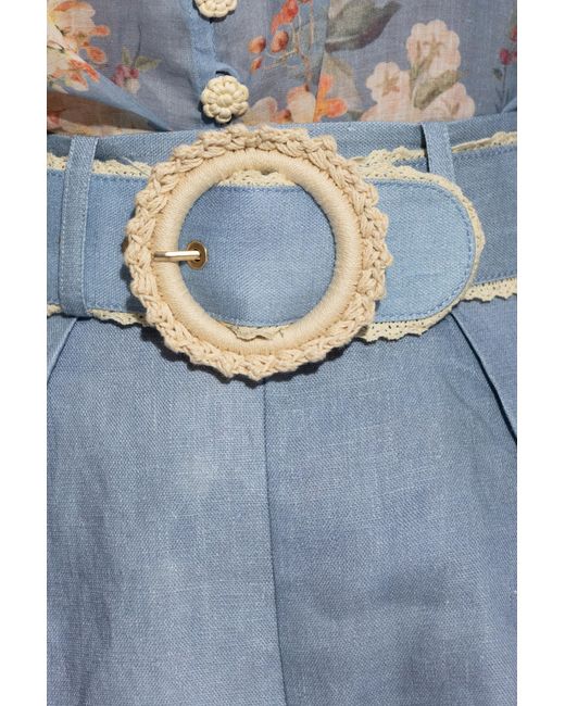 Zimmermann Blue Linen Shorts With Floral Motif,