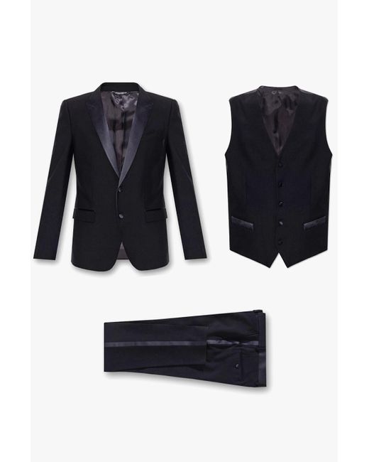 Dolce & Gabbana Black Three-Piece Wool Suit for men