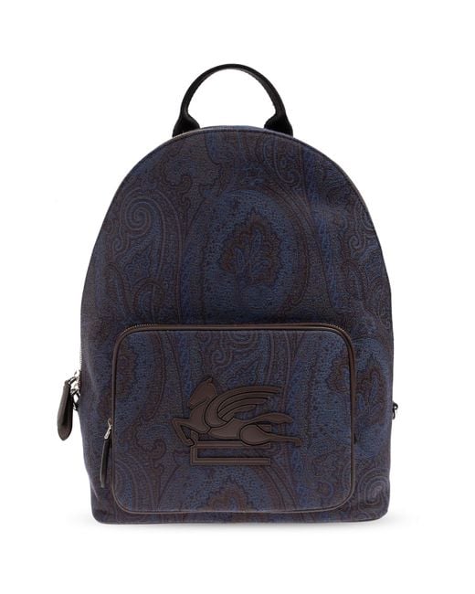Etro Blue Patterned Backpack With Logo for men