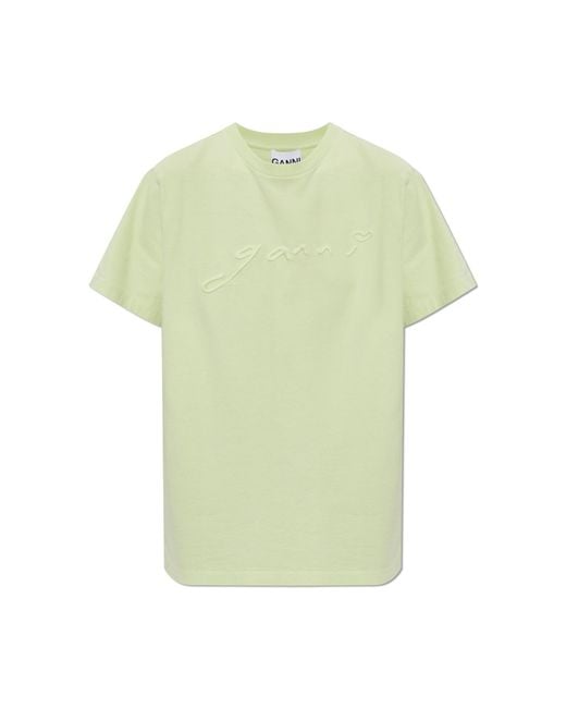 Ganni Green T-Shirt With Embroidered Logo