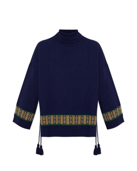 Etro Blue Turtleneck With Fringes On The Sides