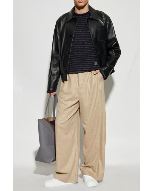 Loewe Black Leather Jacket With Embossed Logo On The Pocket for men