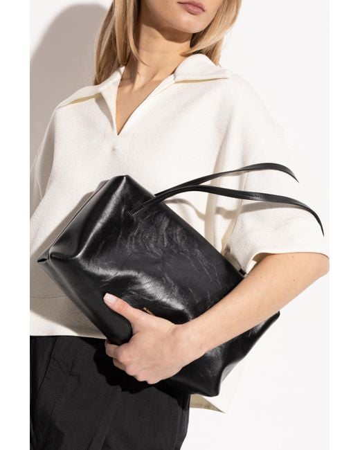 トートバッグ JIL SANDER Black Leather Medium Goji Pillow Shoulder Bag Jil Sander: Black Goji Pillow Medium Bag | SSENSE