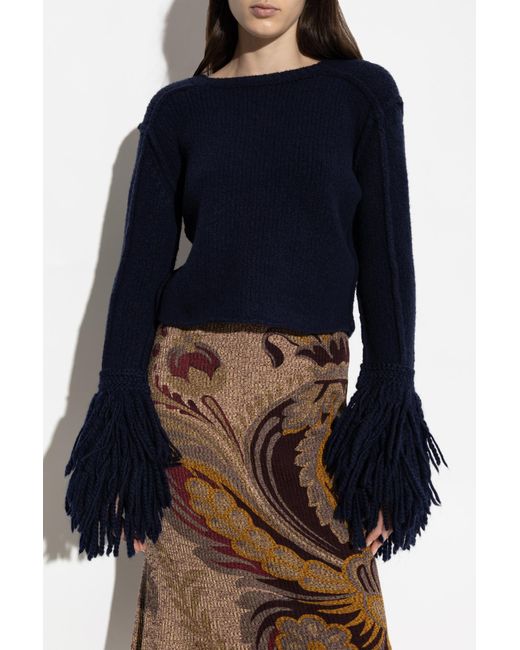 Etro Blue Sweater With Fringes On The Sleeves
