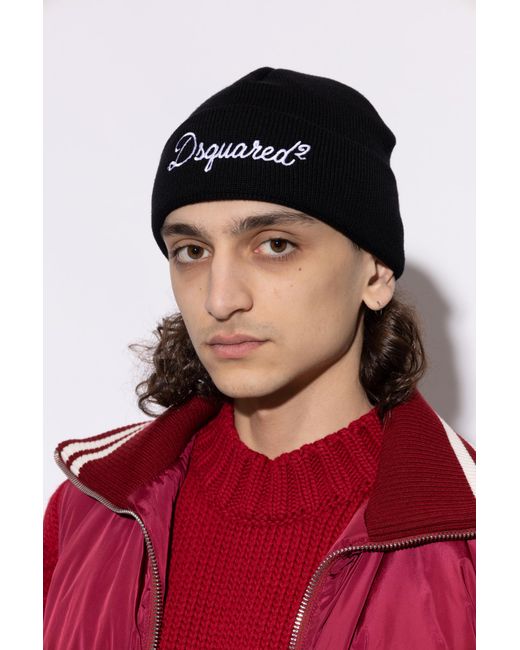 DSquared² Black Wool Beanie With Embroidered Logo for men