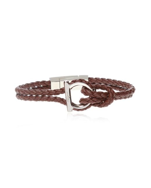 Ferragamo Brown Woven Leather Bracelet W/ Gancini Fastener for men