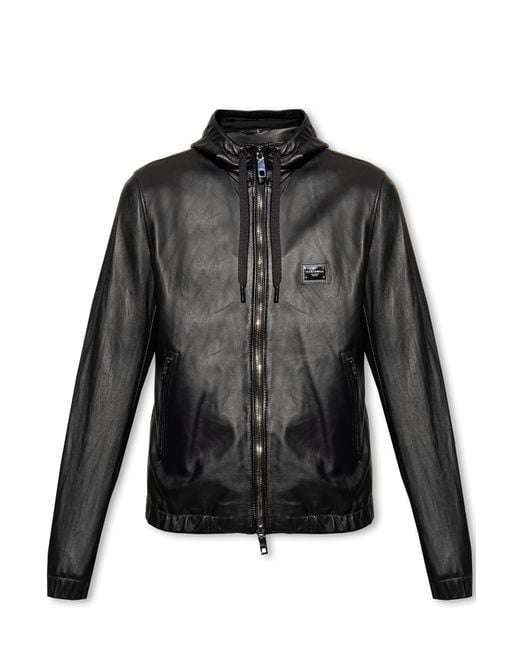 Dolce & Gabbana Black Hooded Leather Jacket for men