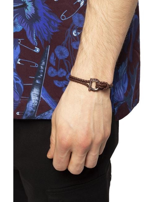 Ferragamo Brown Woven Leather Bracelet W/ Gancini Fastener for men