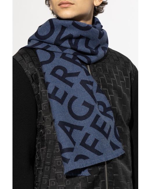 Ferragamo Blue Wool Scarf With Monogram for men