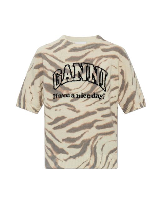 Ganni White Top With Animal Motif