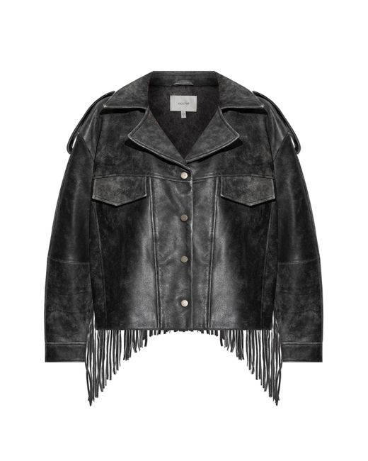 Gestuz Black Leather Jacket Jaggy With Fringes