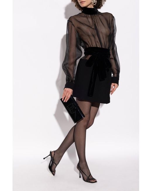 Dolce & Gabbana Black Transparent Velvet-Trimmed Dress With Bow Belt