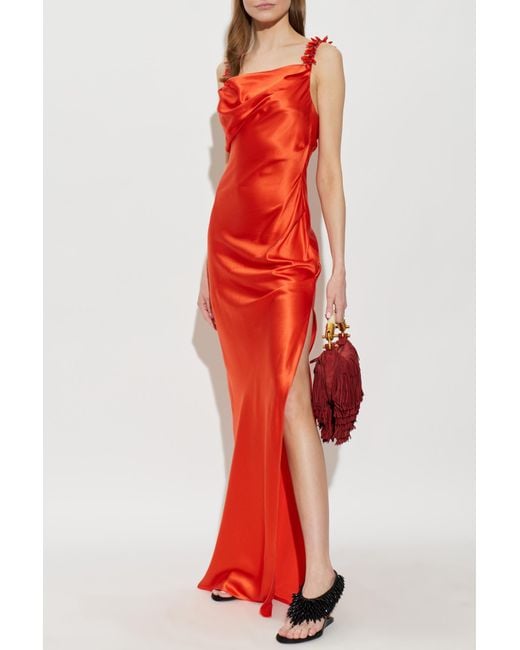 Balmain Red Silk Dress With Embellished Straps