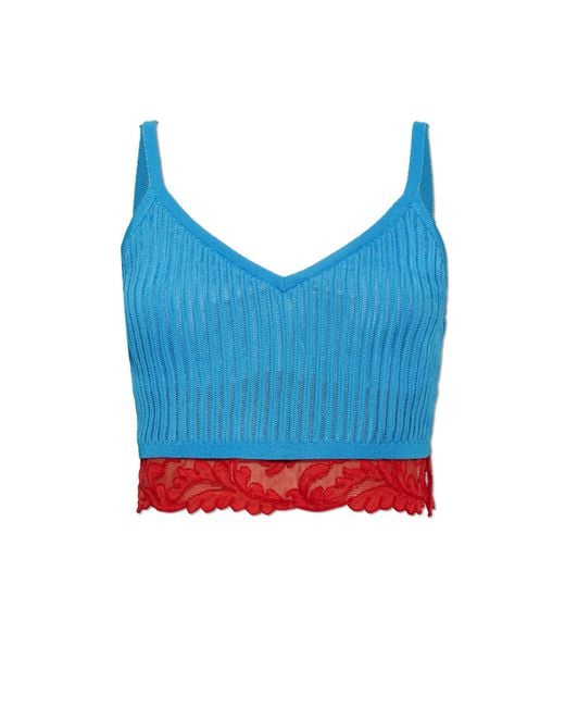Versace Blue Short Top With Lace Trim