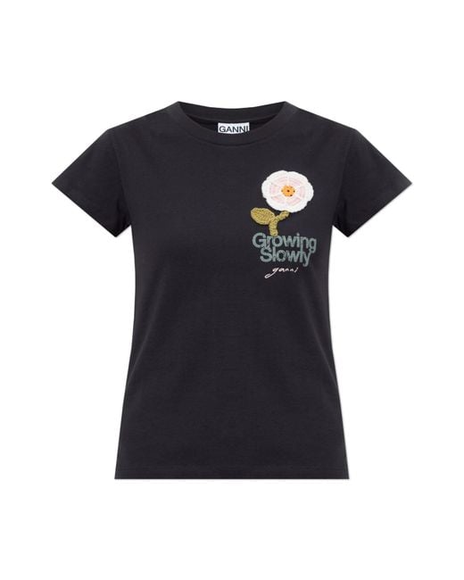 Ganni Black T-Shirt With Colorful Embroidery