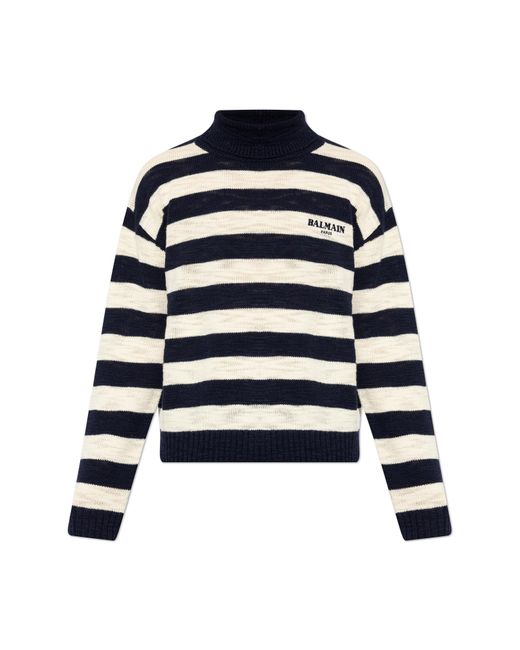 Balmain Blue Wool Turtleneck With Striped Pattern for men